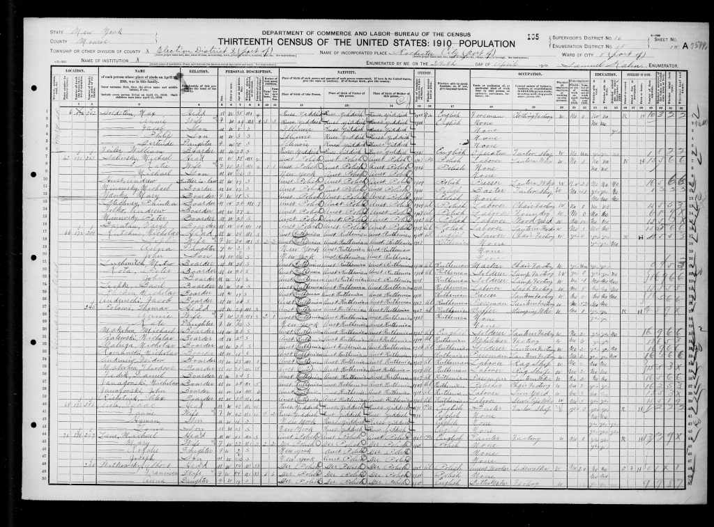 1910 Monroe County Census Record for Putyatyntsi Immigrants living on Henry Street, Rochester, New York