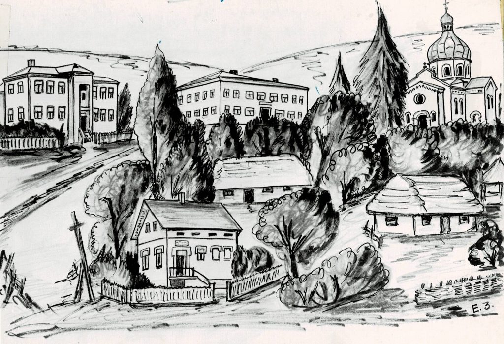 A hand drawn sketch. A panorama of The Village of Putyatyntsi, Ukraine circa 1930s. Unknown artist. Artist initials E. Z.
