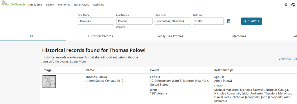Historical Census Records found for Thomas Polowi, an Immigrant from Putyatyntsi, Ukraine found on FamilySearch.com