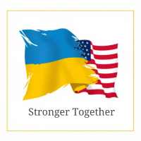 Ukrainian and United States Flag interwoven with the words "stronger together". Putyatyntsi.org logo on Facebook Page