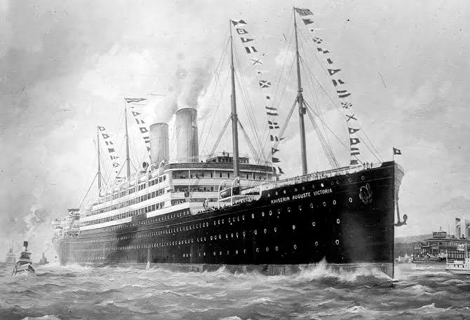 The steamship Kaiserin Auguste Victoria (built 1905–1906) brought immigrants from Germany to the US for the Hamburg America Line between 1906 and 1914. Her maiden voyage was on May 10, 1906, and she operated regularly on the Hamburg–New York route until the outbreak of World War I in August 1914.