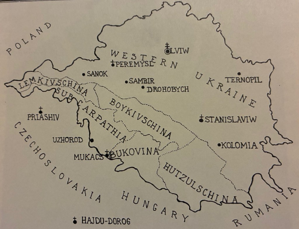 Map designating areas from which early immigrant Ukrainians and other Byzantine Slav Rite Catholics emigrated. Page XV of Ukrainian Catholics in America: A History written by Bohdan P. Procko