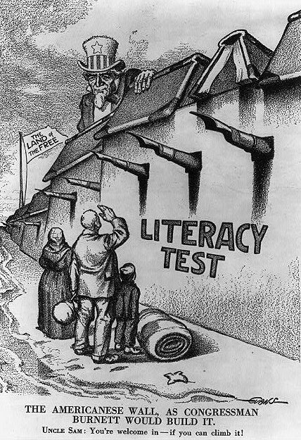 Image of Uncle Sam peering over a literacy wall intending primarily to keep Southern and Eastern Europeans from immigrating to the United States at the end of WWI.
