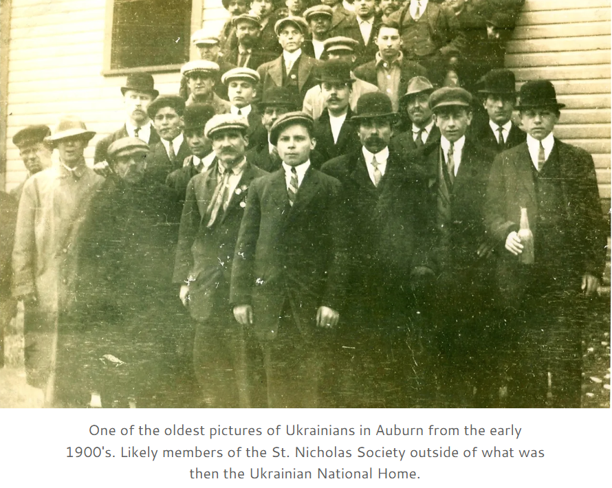 One of the oldest pictures of Ukrainians in Auburn, New York. Likely members of the St. Nicholas Society Brotherhood outside of what was the the Ukrainian National Home. Obtained from the History page of the Saints Peter & Paul Ukrainian Catholic Church website.