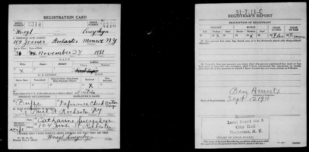 WWI Draft Registration Card from Rochester, Monroe County, New York