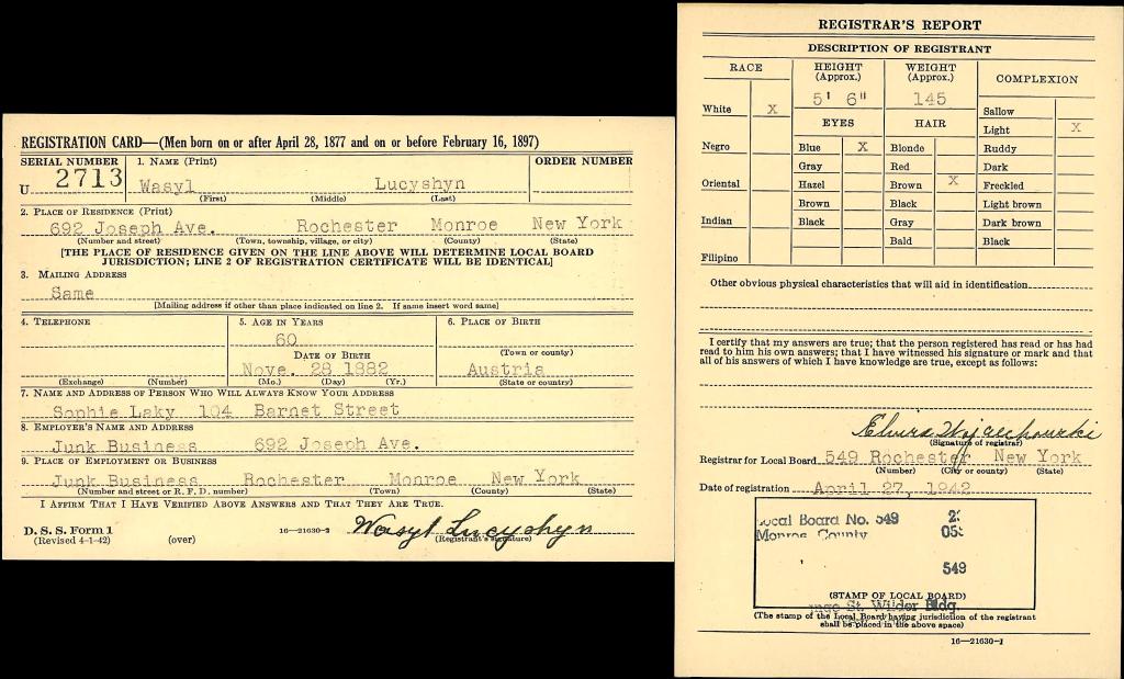 World War II Draft Registration Card from Rochester, Monroe County, New York.