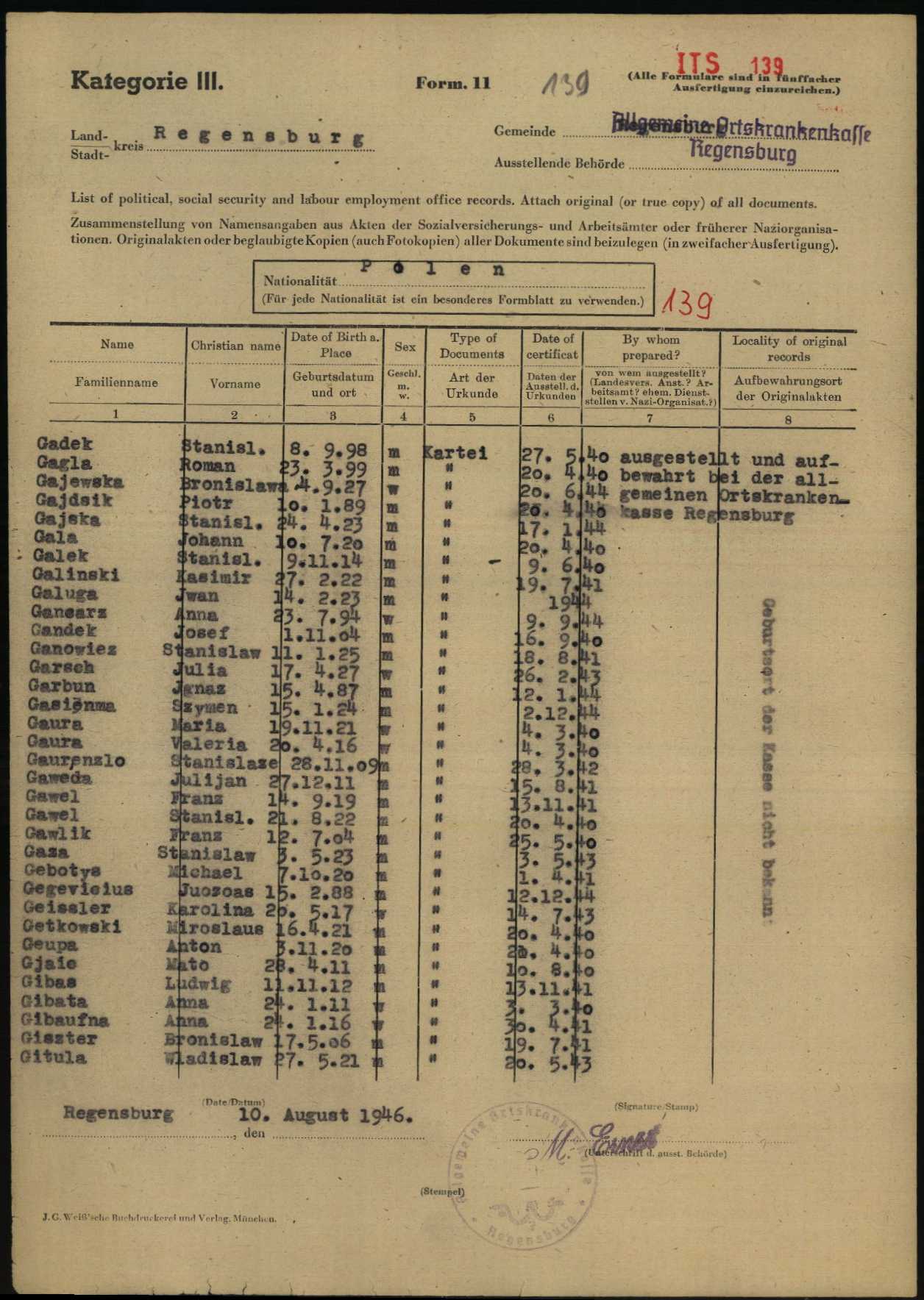 Arolsen Archives ITS 139, Form 11 list of social-security records of Polish nationals from the Allgemeine Ortskrankenkasse Regensburg, dated 10 August 1946, with the entry for Iwan Galuga, born 14 February 1923, certificate dated 1944