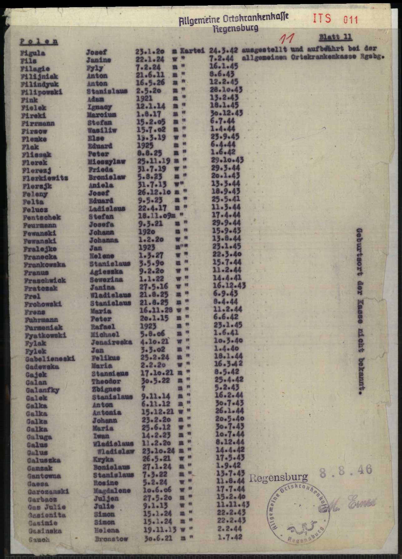 Arolsen Archives ITS 011, sheet 11 of a list of Polish insurance-card holders from the Allgemeine Ortskrankenkasse Regensburg, dated 8 August 1946, with the entry for Iwan Galuga, born 14 February 1923, card dated 10 July 1944