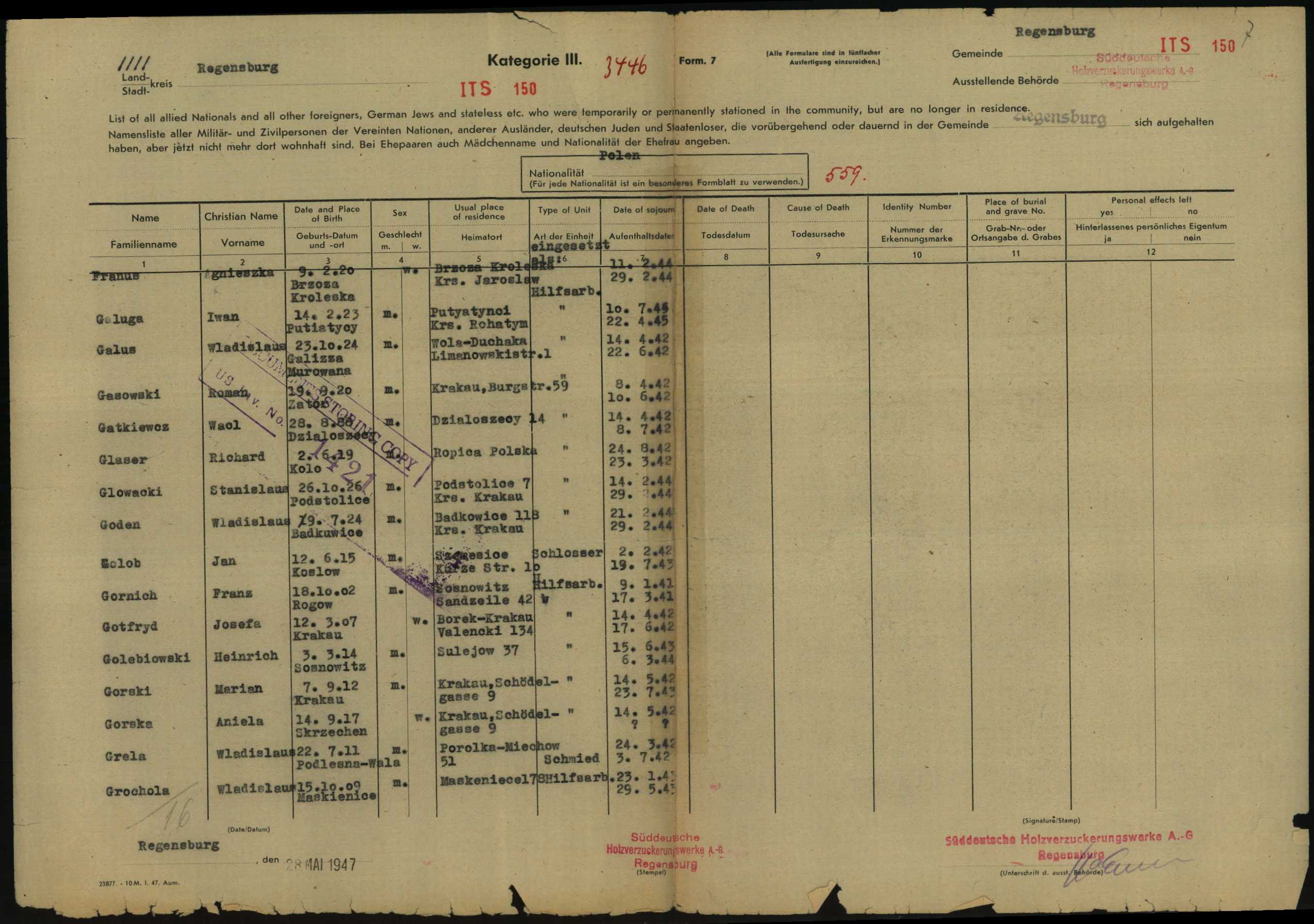 Arolsen Archives ITS 150, Form 7 list of Polish workers from the Süddeutsche Holzverzuckerungswerke A.-G. in Regensburg, dated 28 May 1947, with the entry for Iwan Galuga, born 14 February 1923, a helper employed in 1944–1945