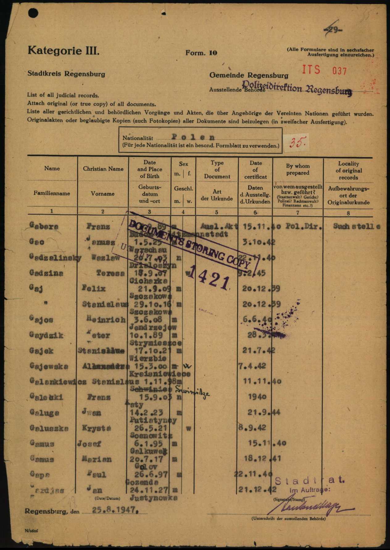 Arolsen Archives ITS 037, Form 10 list of official records on Polish nationals from the Polizeidirektion Regensburg, dated 25 August 1947, with the entry for Iwan Galuga, born 14 February 1923 in Putiatyncy, certificate dated 21 September 1944
