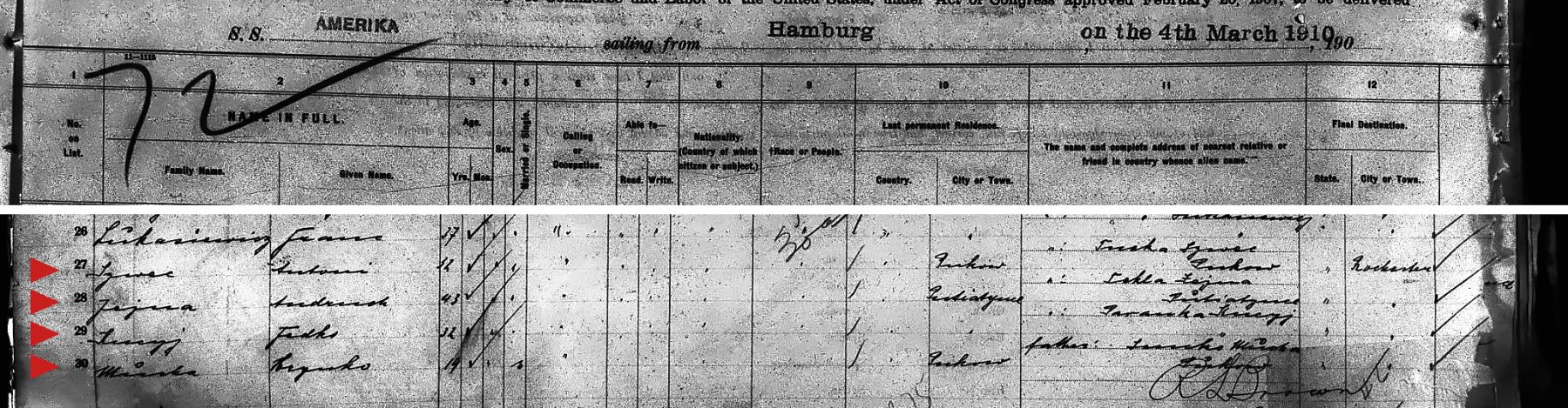 Close-up of the SS Amerika passenger manifest, Hamburg 4 March 1910, lines 27 to 30: Antoni Szwec, 32, Puków; Andruch Jejna, 43, Putiatynce; Fedko Kucyj, 32, Putiatynce; Hryńko Mucha, 19, Puków; all bound for Rochester