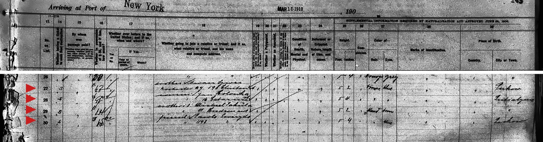 Close-up of page 2 of the SS Amerika manifest, 15 March 1910, lines 27 to 30, listing the Rochester, New York relatives and street addresses each man was joining, with heights and birthplaces Puków and Putiatynce