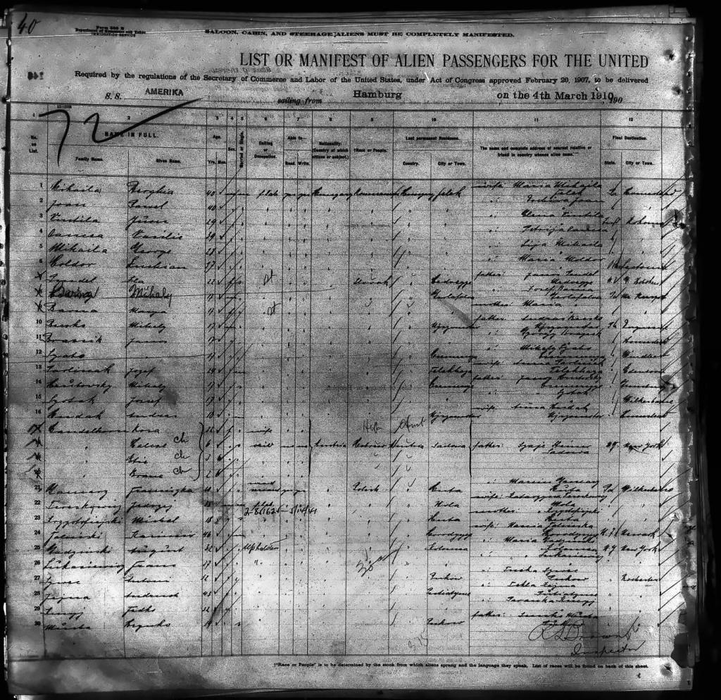 Full page 1 of List 40 of the SS Amerika alien passenger manifest, sailing from Hamburg 4 March 1910, with 30 handwritten passenger entries including Galician immigrants from Pukiv and Putyatyntsi on lines 27 to 30