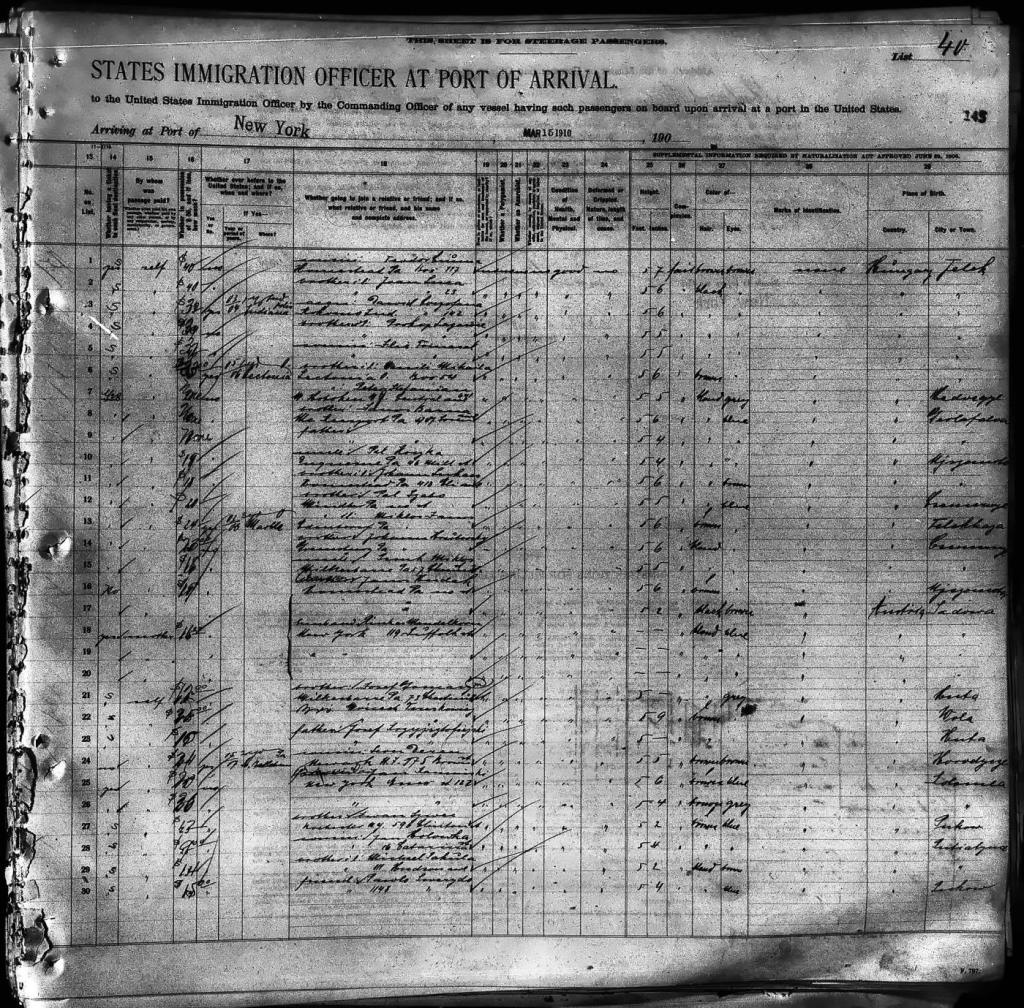 Full page 2 of List 40 of the SS Amerika passenger manifest, arriving New York 15 March 1910, listing relatives joined in the United States, heights, complexions and birthplaces for 30 passengers